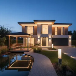 Vonkajšie exteriérové osvetlenie terasy, záhrady a fasády domu – moderné lampy a svietidlá