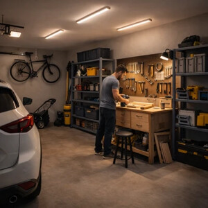 Osvetlenie garáže a technickej miestnosti úspornými LED svietidlami a lampami.