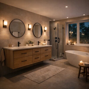 Osvetlenie kúpeľne úspornými LED svietidlami a lampami.