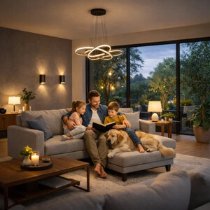 Osvetlenie obývačky úspornými LED svietidlami a lampami.