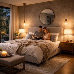 Osvetlenie spálne úspornými LED svietidlami a lampami.