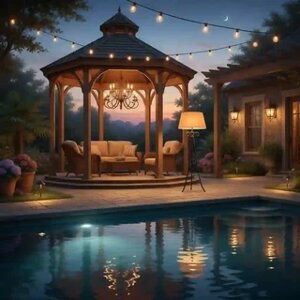 Romantické osvetlenie altánku a terasy.