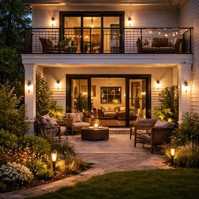 Osvetlenie terasy a balkóna úspornými lampami.