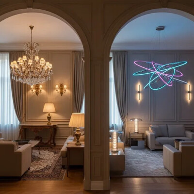 Moderné dizajnové závesné lustre a luxusné LED osvetlenie.